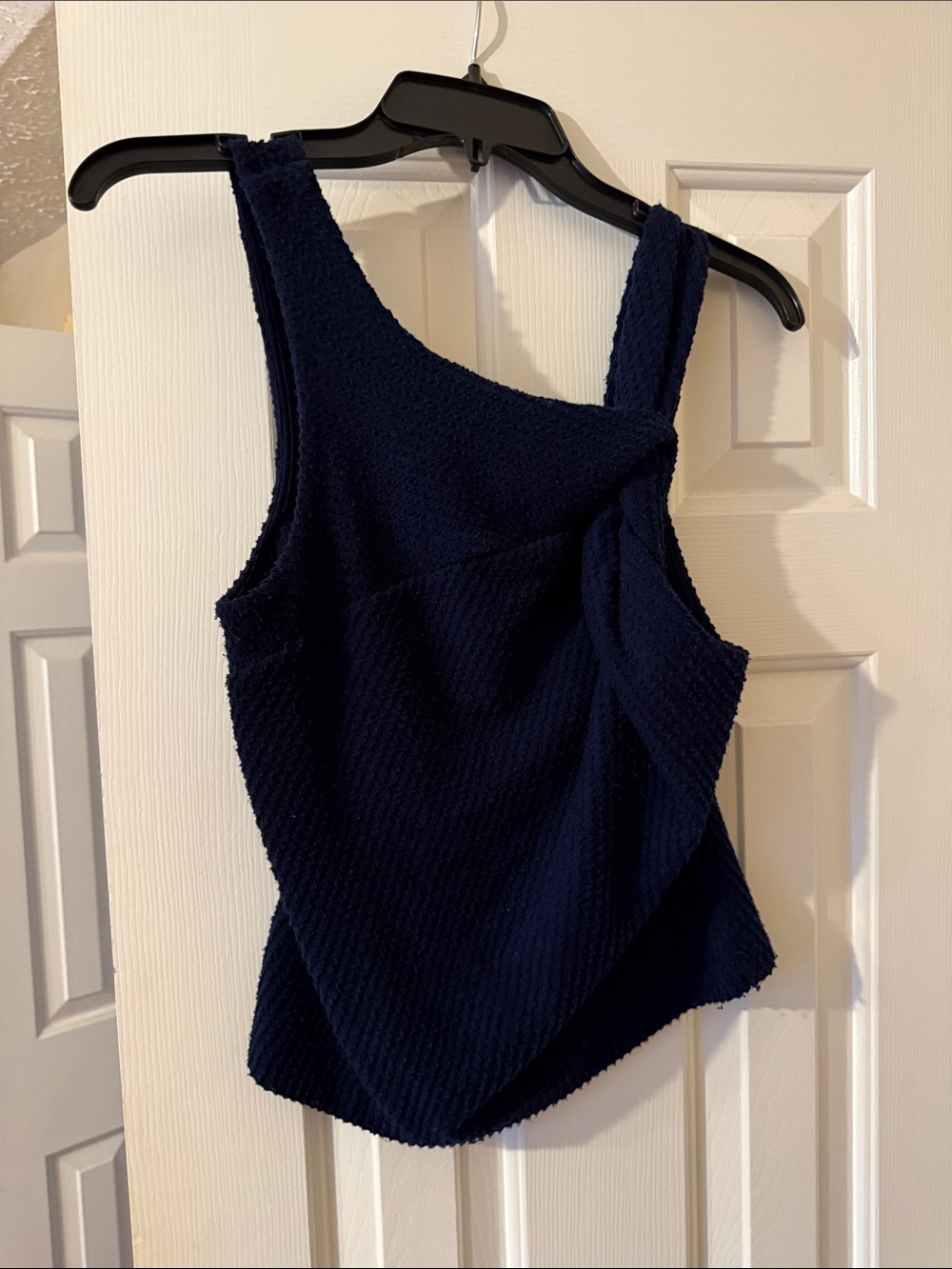 Asymmetric Navy Textured One-Shoulder Tank Top